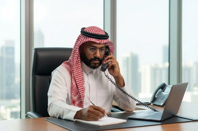 Saudi Businessman in Office Talking on Phone