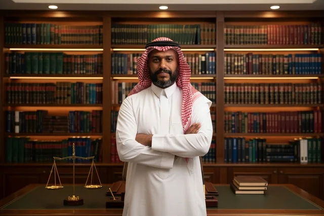 محامٍ سعودي بالزي التقليدي في مكتبة قانونية