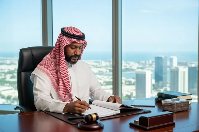 قاضي سعودي يوقع وثائق قانونية في مكتب حديث قاضي سعودي يوقع وثائق قانونية في مكتب حديث