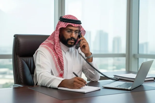 رجل أعمال سعودي يعمل في مكتب مع هاتف ولابتوب
