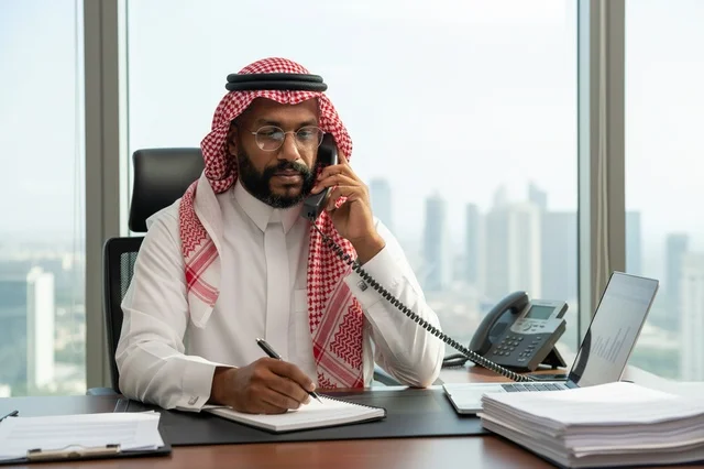 رجل أعمال سعودي يتحدث بالهاتف في مكتبه