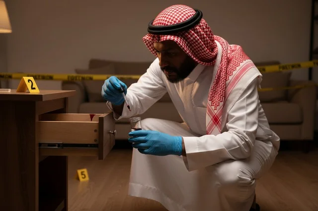 محقق جنائي سعودي يفحص الأدلة في مسرح الجريمة