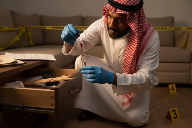 Saudi Forensic Investigator Examining Evidence at Crime Scene