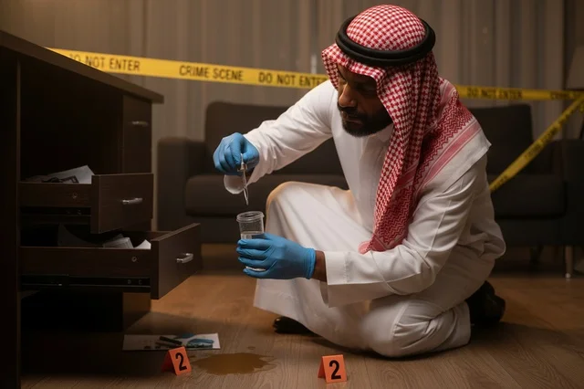 Saudi Forensic Investigator Collecting Evidence at Crime Scene
