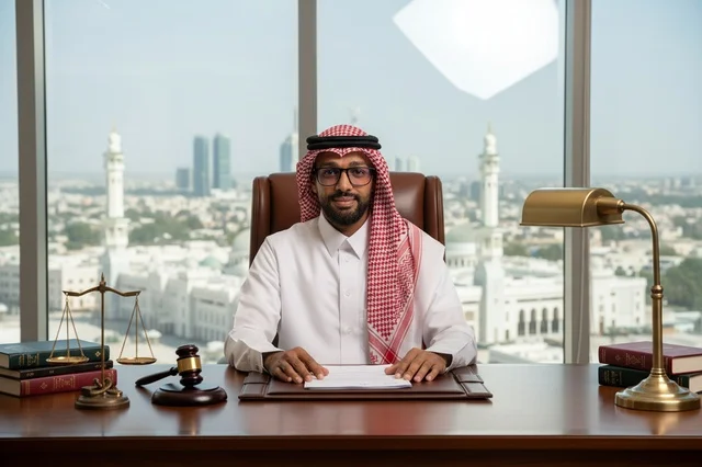 محامي سعودي خلف مكتبه مع رموز العدالة والقانون