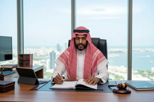 Saudi Lawyer in Office with Gavel and City View