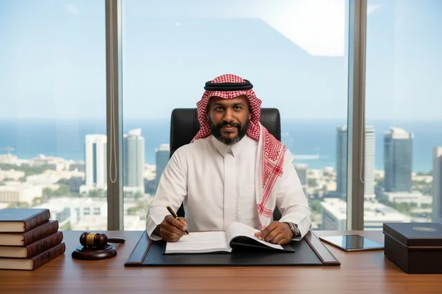 Saudi Lawyer at Desk with Gavel and City View