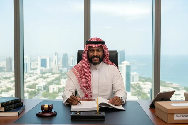 محامي سعودي في مكتبه مع مطرقة القضاء وأفق المدينة