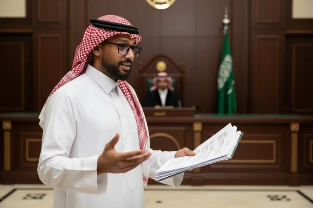 محامي سعودي في قاعة المحكمة مع أوراق قانونية