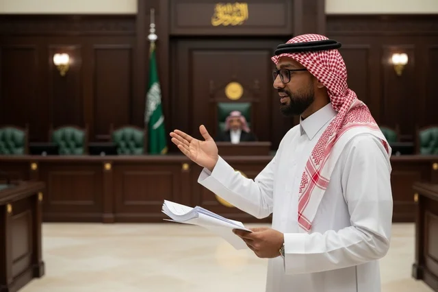 محامٍ سعودي يحمل وثائق في جلسة استماع بالمحكمة