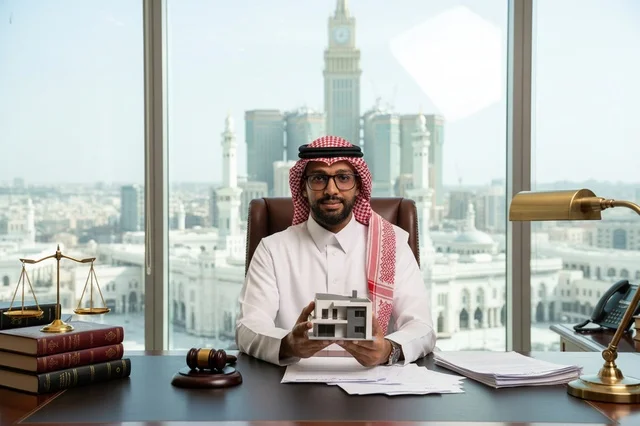 محامي عقارات سعودي في مكتبه بمكة مع إطلالة الحرم
