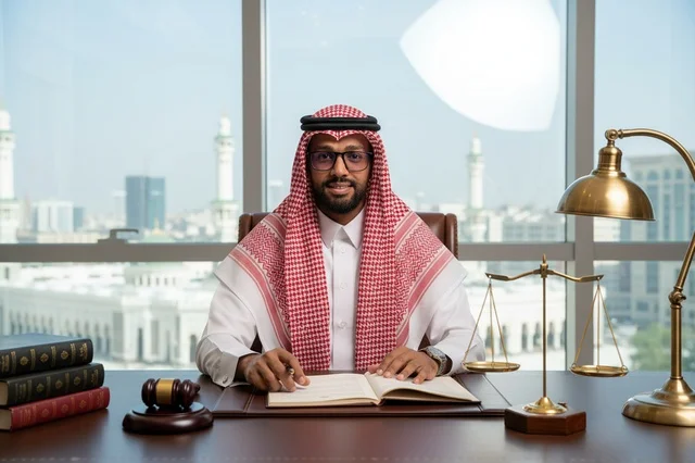 Saudi Male Lawyer in Traditional Dress at Office Desk