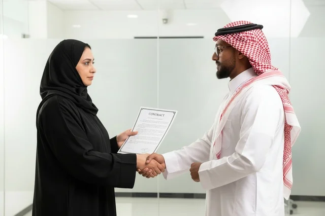 مصافحة عمل سعودية مع عقد في مكتب
