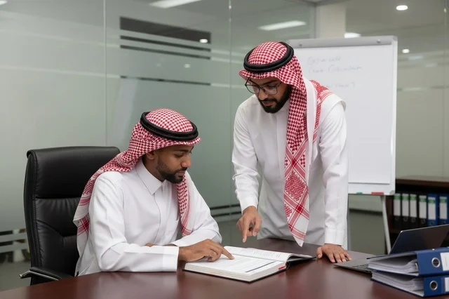 Saudi Businessmen in Traditional Dress in Modern Office