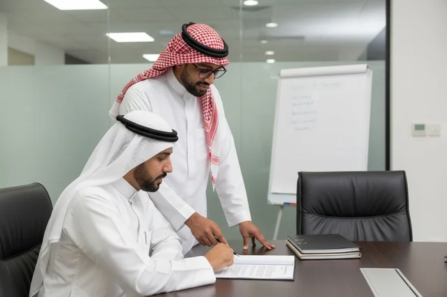 رجال أعمال سعوديون يوقعون عقداً في مكتب حديث