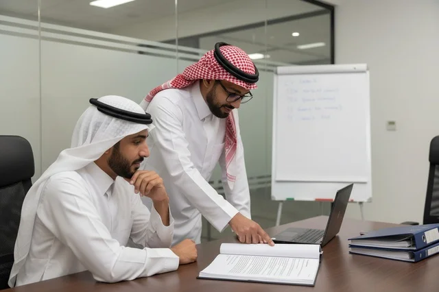 Saudi Businessmen Reviewing Documents in Modern Office