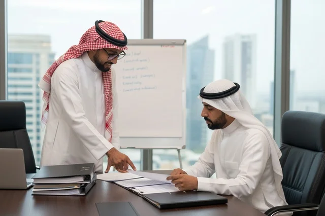 Saudi Businessmen Reviewing Documents in Modern Office