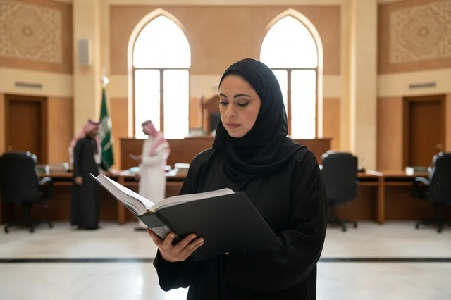 Saudi Woman Lawyer Reading Legal File in Courtroom