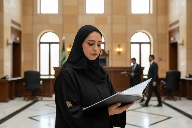 محامية سعودية تقرأ ملف قانوني في قاعة المحكمة