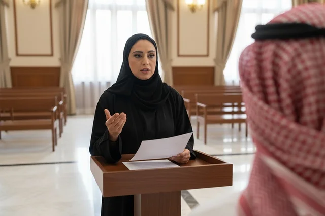 امرأة سعودية بالعباءة تلقي كلمة خلف منصة خشبية
