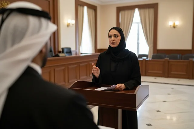 Emirati Female Lawyer in Courtroom with Traditional Dress