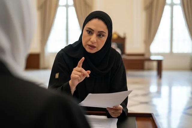 سيدة أعمال إماراتية بالعباءة تناقش وثائق رسمية سيدة أعمال إماراتية بالعباءة تناقش وثائق رسمية