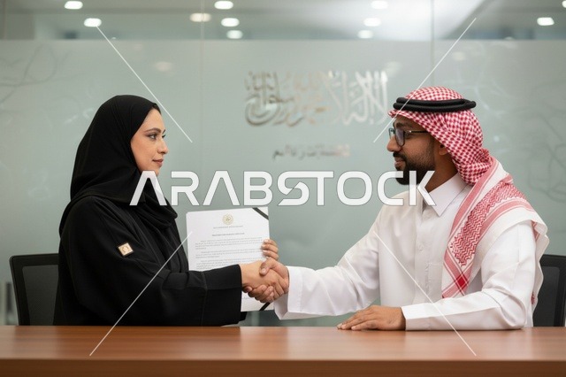 مصافحة عمل سعودية مع وثيقة رسمية في المكتب