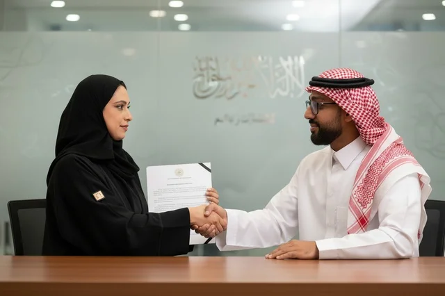Saudi Business Handshake with Document in Office