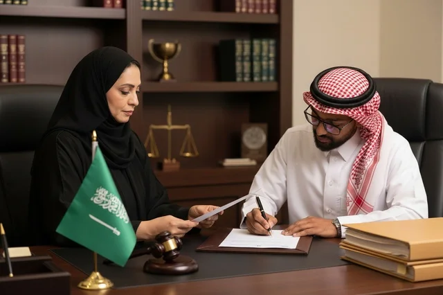 Saudi Man and Woman Signing Legal Document in Office