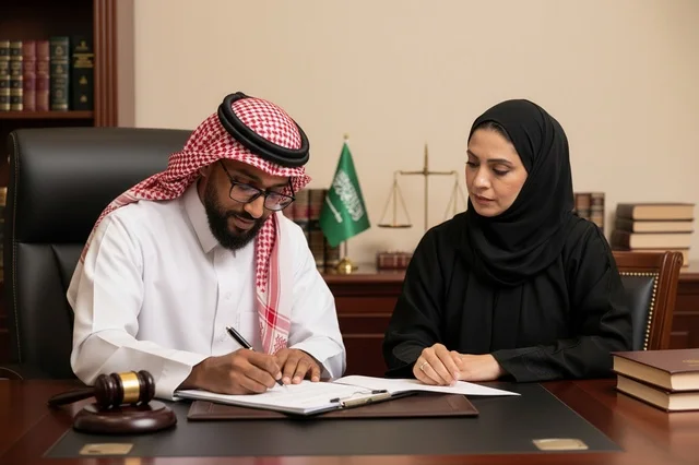 محامٍ سعودي يوقع وثيقة قانونية في المكتب