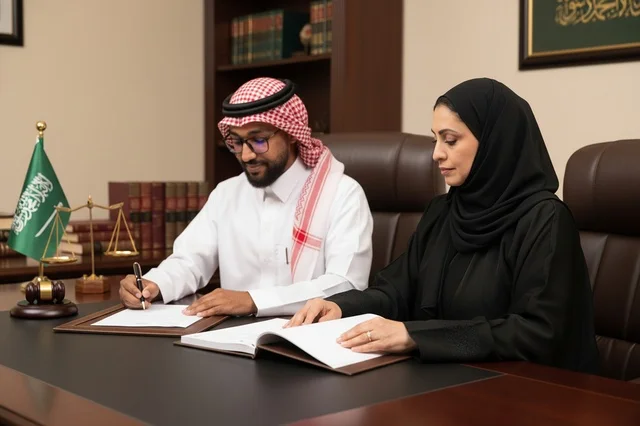 محامون سعوديون يوقعون وثائق قانونية في مكتب مهني