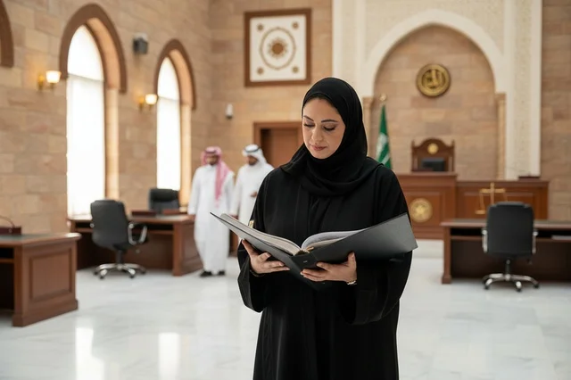 محامية سعودية تقرأ ملفاً قانونياً داخل قاعة المحكمة
