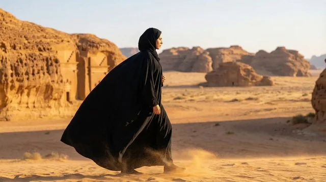 Saudi Woman in Abaya Walking in AlUla Desert Hegra