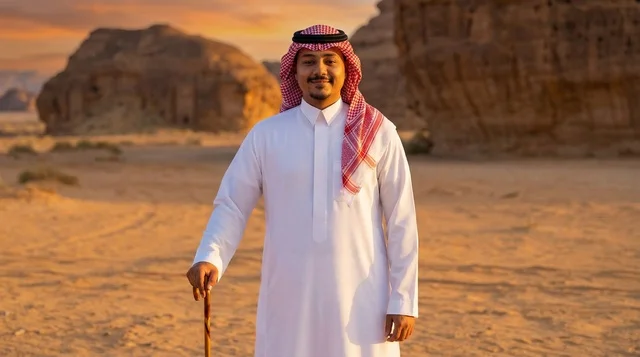 رجل سعودي بالثوب التقليدي في صحراء العلا
