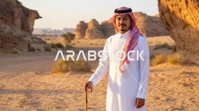 رجل سعودي بالزي التقليدي في طبيعة صحراوية