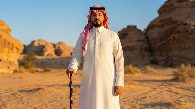 Saudi Man in Traditional Attire in Desert Landscape