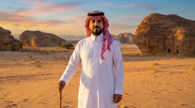 Saudi Man in Desert Traditional Clothing at Sunset