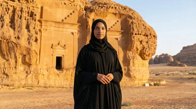 Saudi Woman at Hegra Nabataean Tombs in AlUla