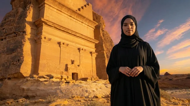 امرأة سعودية أمام قصر الفريد في العلا وقت الغروب