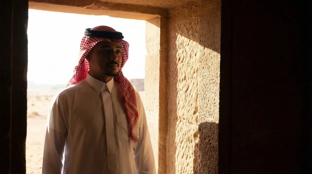 Saudi Man in Traditional Thobe at Desert Stone Building