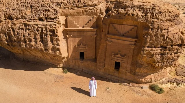 Saudi Man at Hegra Rock Tombs AlUla Aerial