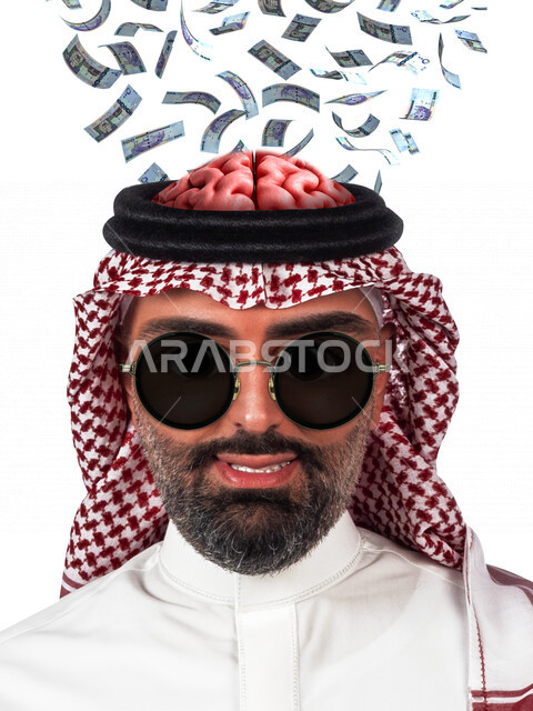 صورة مقربة لرجل أعمال عربي سعودي خليجي ناجح يلبس النظارة الشمسية , تساقط الأوراق النقدية , الغنى والثراء , العبقرية والذكاء في الربح المالي , النمو والأرباح المالية , مفهوم الاستثمار الناجح ,  الإسراف وهدر الأموال . 