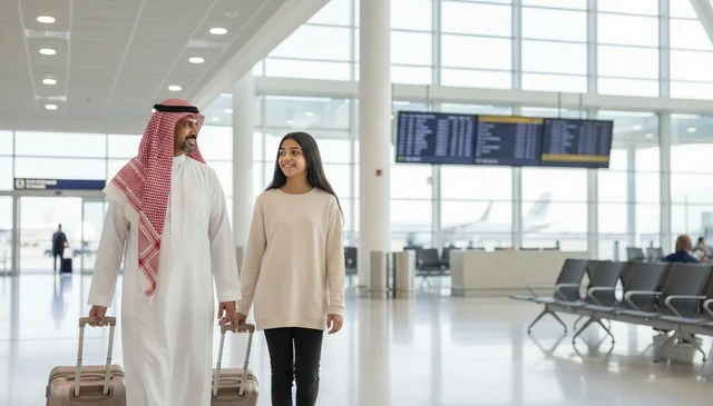 Saudi Father and Daughter with Suitcases at Airport