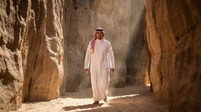 رجل سعودي بالثوب التقليدي يسير في وادي صخري