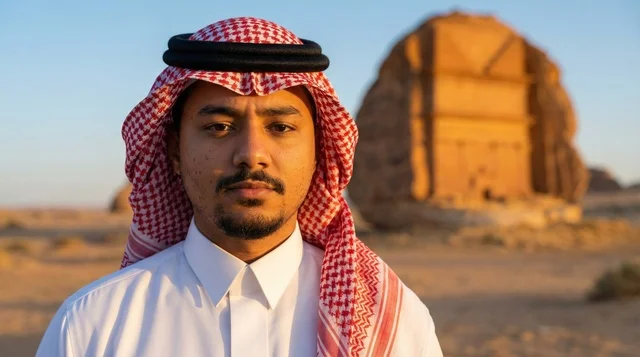 رجل سعودي بالزي التقليدي في منطقة العلا الأثرية