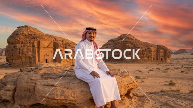 رجل سعودي في الحجر بالعلا وقت الغروب