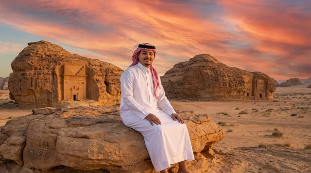 Saudi Man at Hegra AlUla Desert Sunset