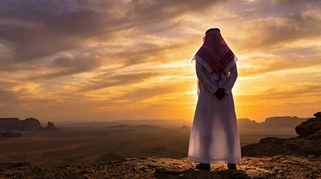 رجل سعودي بالزي التقليدي في الصحراء وقت الغروب