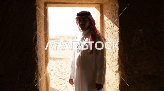 رجل سعودي في مدخل مبنى تراثي قديم