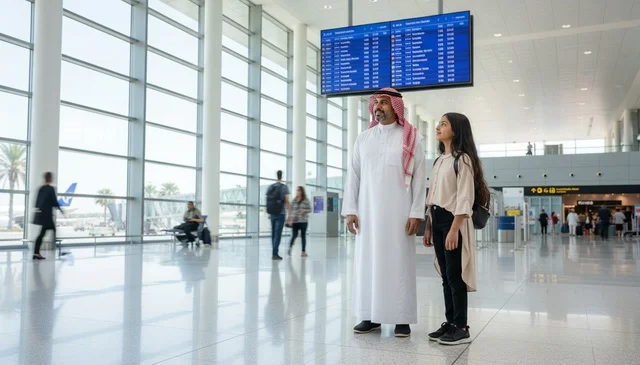 رجل سعودي وفتاة في صالة مطار حديثة